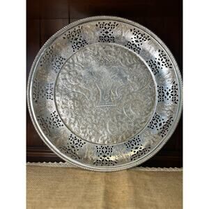 XL Thai Aluminum Footed Tray with Ornate Elephant Design Paw Feet